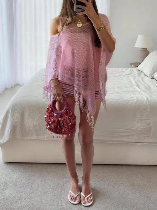 Pink Y2K Boho Women's Sequin Tassel Crochet Cover-Up Shawl Top - Picture 8 of 11